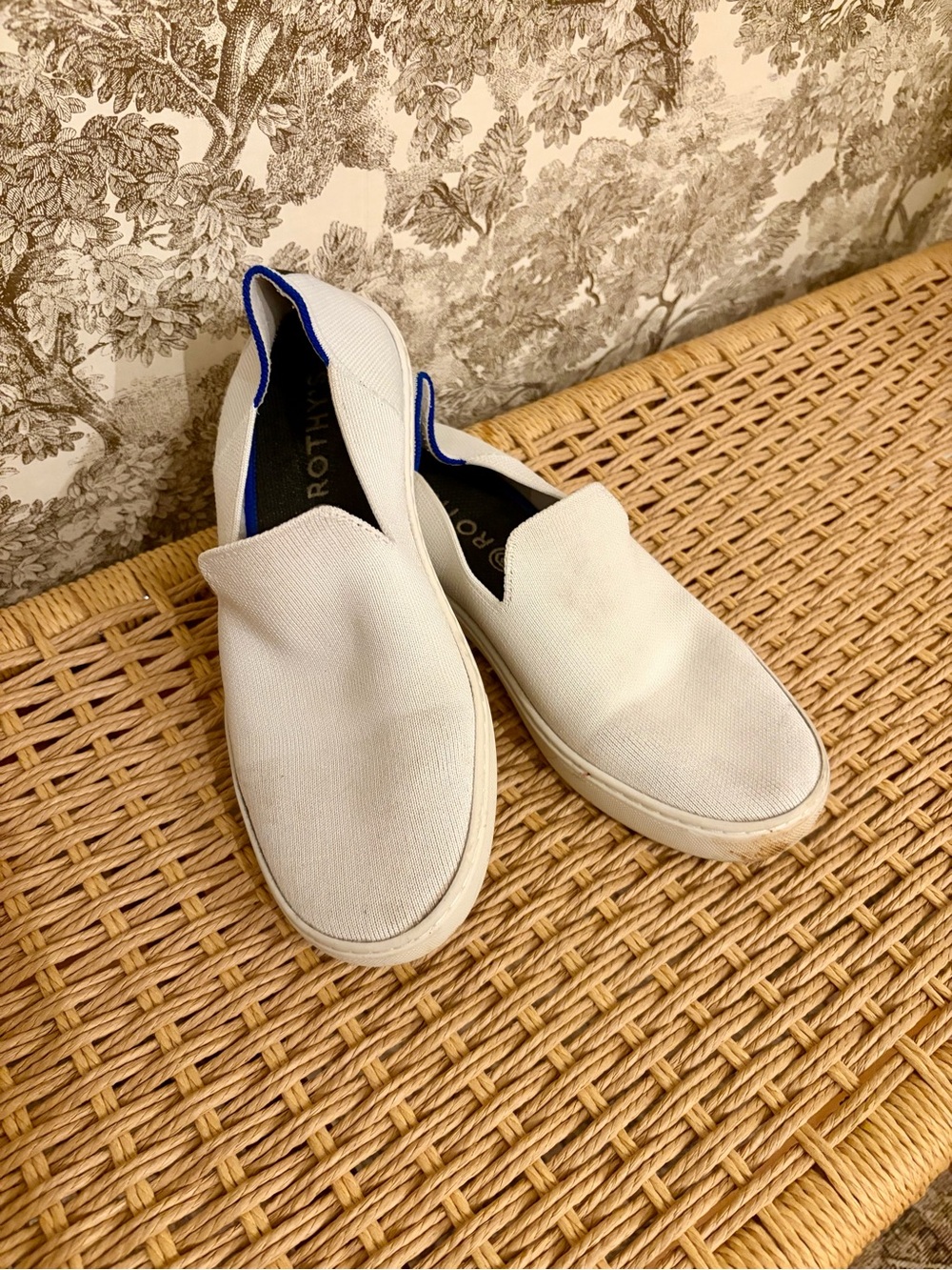 Rothy's Women’s White Slip-On Sneakers with Blue Trim
